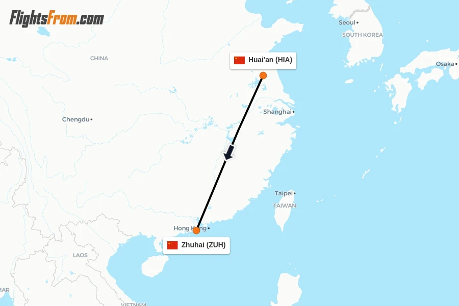 Flights from Huai'an to Zhuhai route map