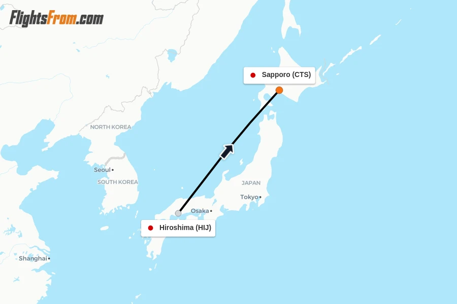 Flights from Hiroshima to Sapporo route map
