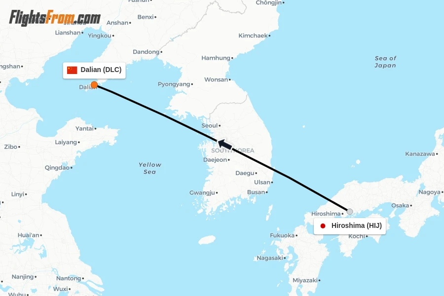 Flights from Hiroshima to Dalian route map