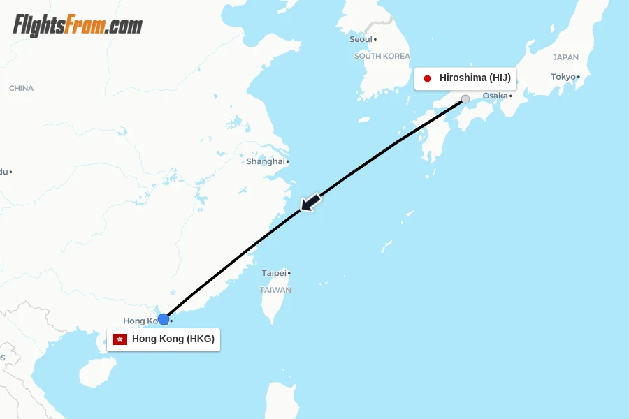 Flights from Hiroshima to Hong Kong route map