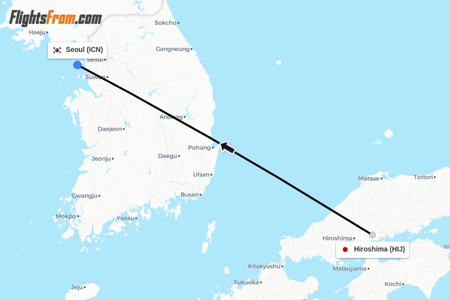 Flights from Hiroshima to Seoul route map
