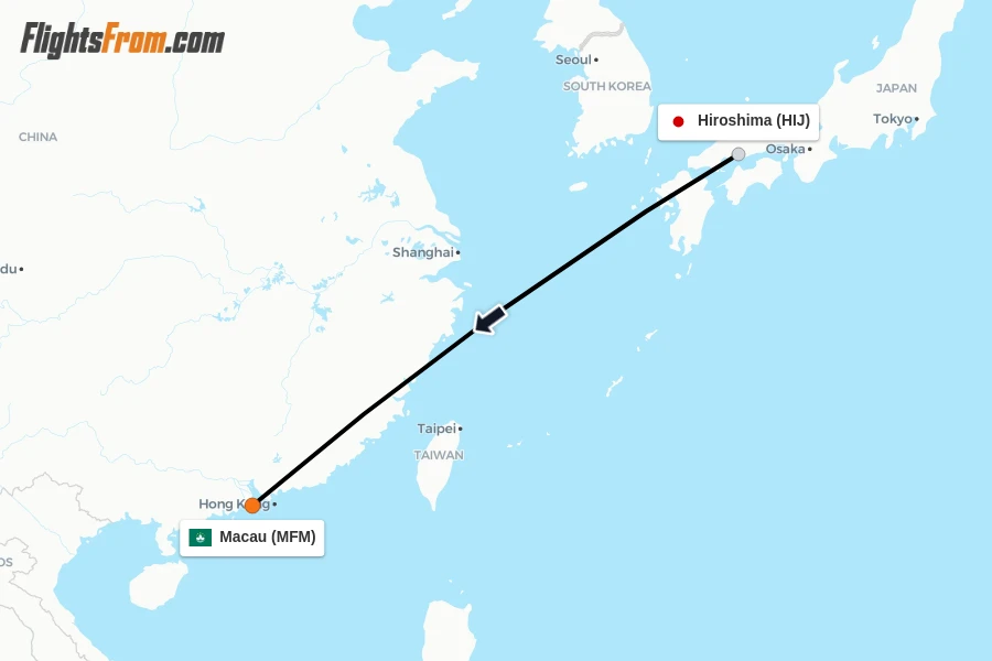 Flights from Hiroshima to Macau route map