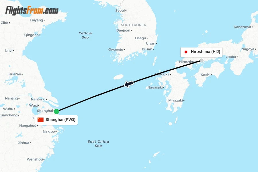 Flights from Hiroshima to Shanghai route map