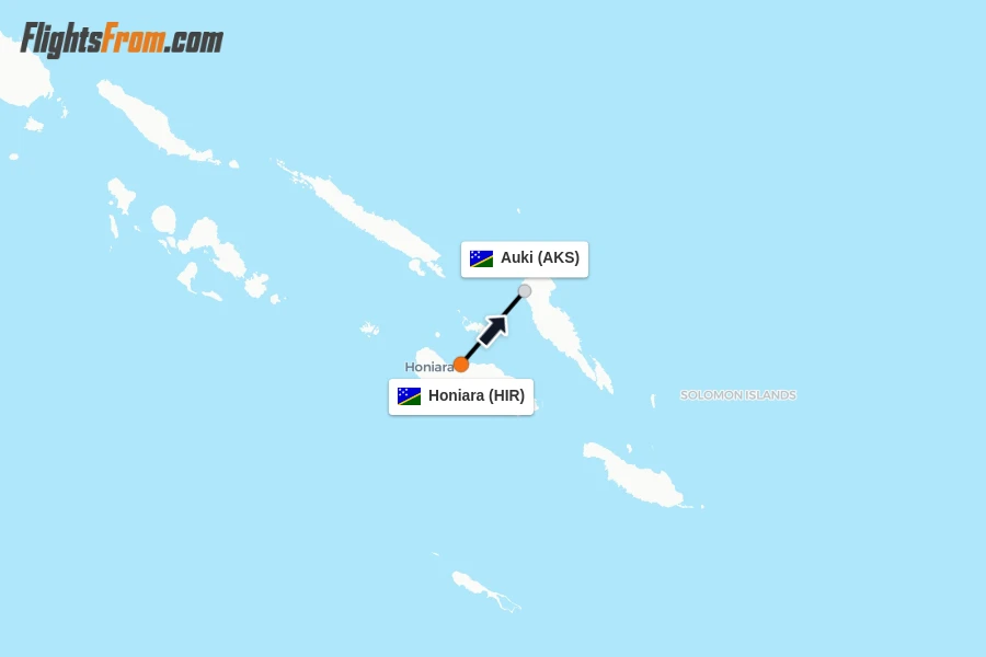 Flights from Honiara to Auki route map
