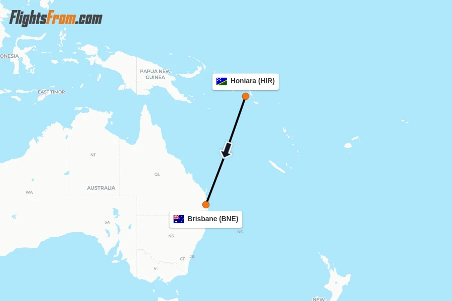 Flights from Honiara to Brisbane route map