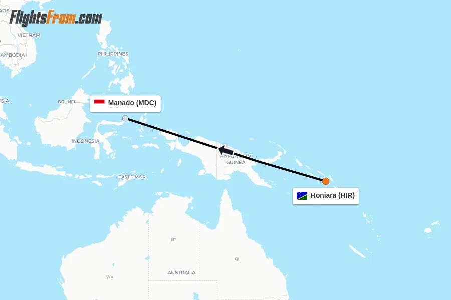 Flights from Honiara to Manado route map