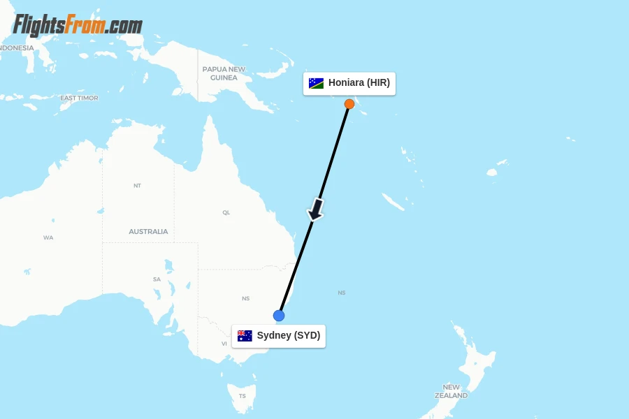 Flights from Honiara to Sydney route map
