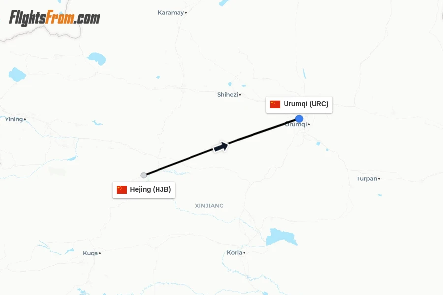 Flights from Hejing to Urumqi route map