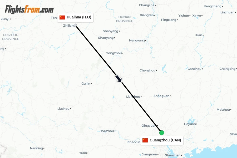 Flights from Huaihua to Guangzhou route map