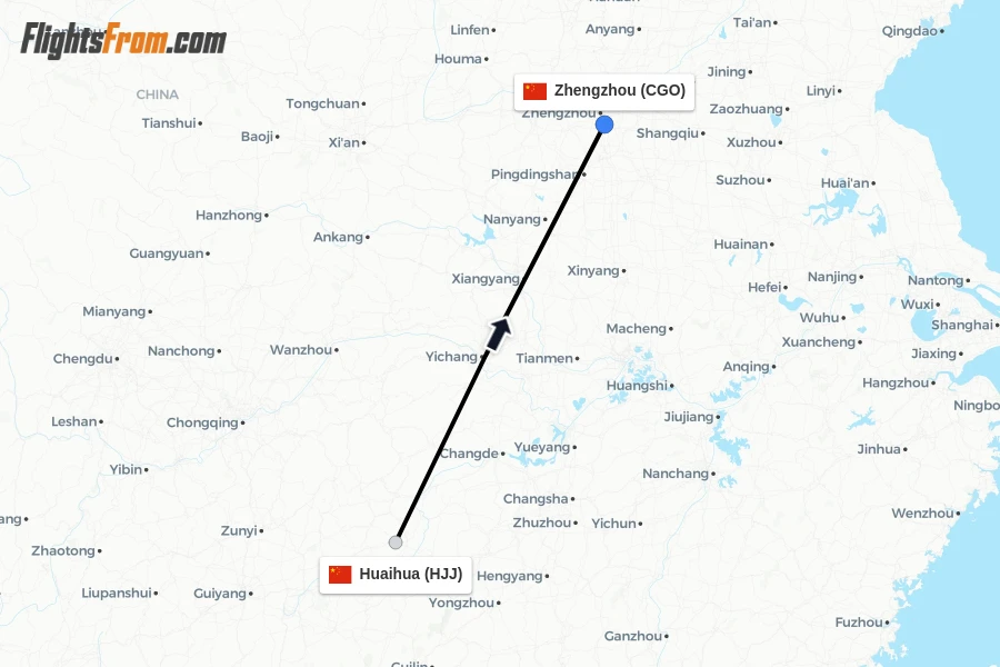 Flights from Huaihua to Zhengzhou route map