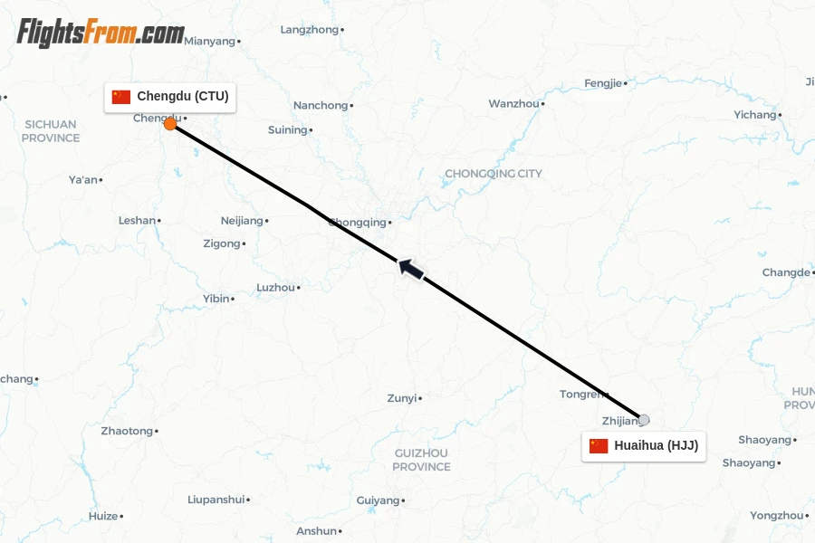 Flights from Huaihua to Chengdu route map