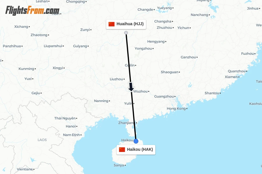 Flights from Huaihua to Haikou route map
