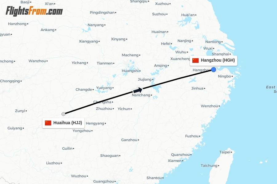 Flights from Huaihua to Hangzhou route map