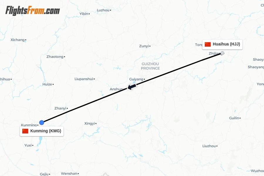Flights from Huaihua to Kunming route map