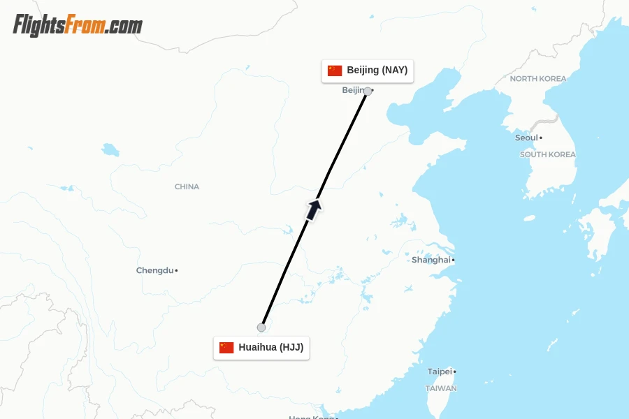 Flights from Huaihua to Beijing route map