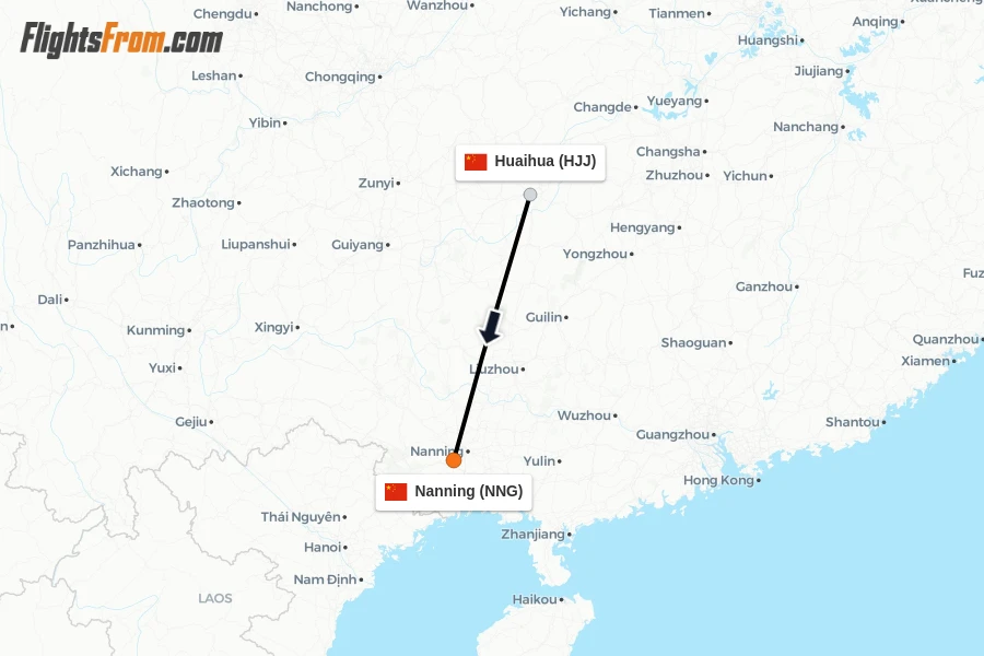 Flights from Huaihua to Nanning route map