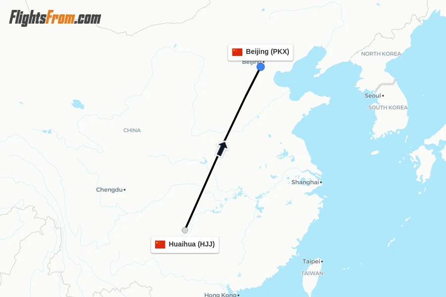 Flights from Huaihua to Beijing route map