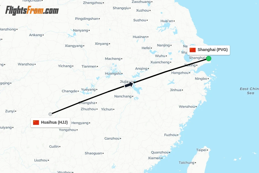 Flights from Huaihua to Shanghai route map