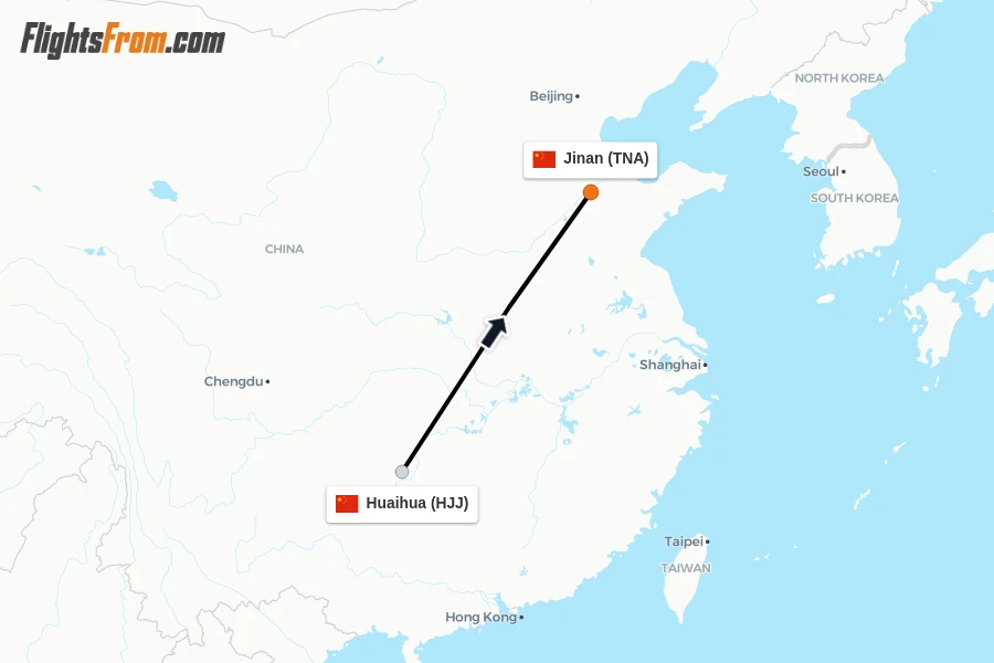 Flights from Huaihua to Jinan route map