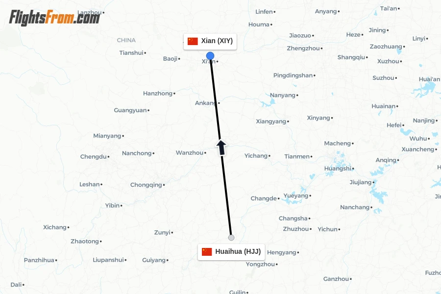 Flights from Huaihua to Xian route map