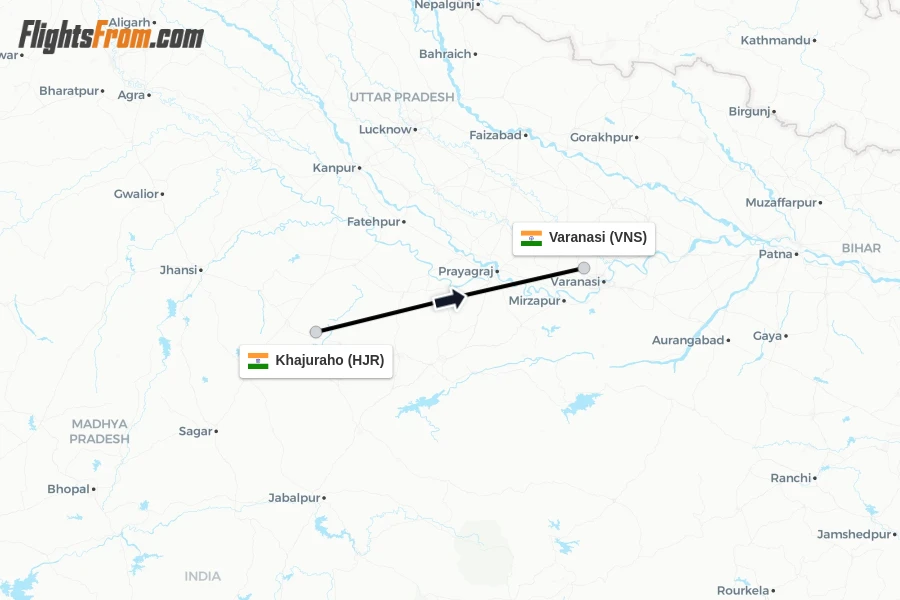 Flights from Khajuraho to Varanasi route map