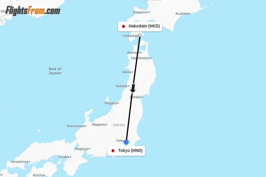 Flights from Hakodate to Tokyo route map