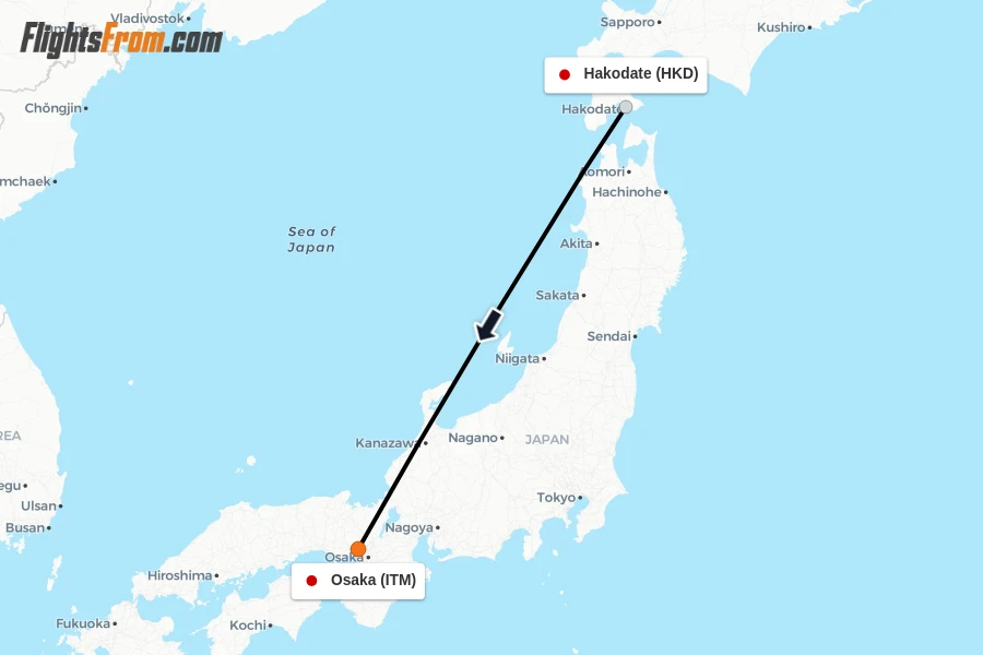 Flights from Hakodate to Osaka route map