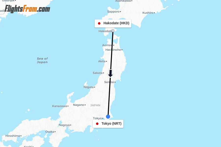 Flights from Hakodate to Tokyo route map