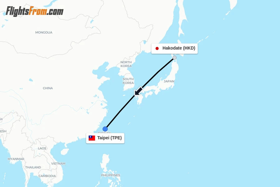 Flights from Hakodate to Taipei route map