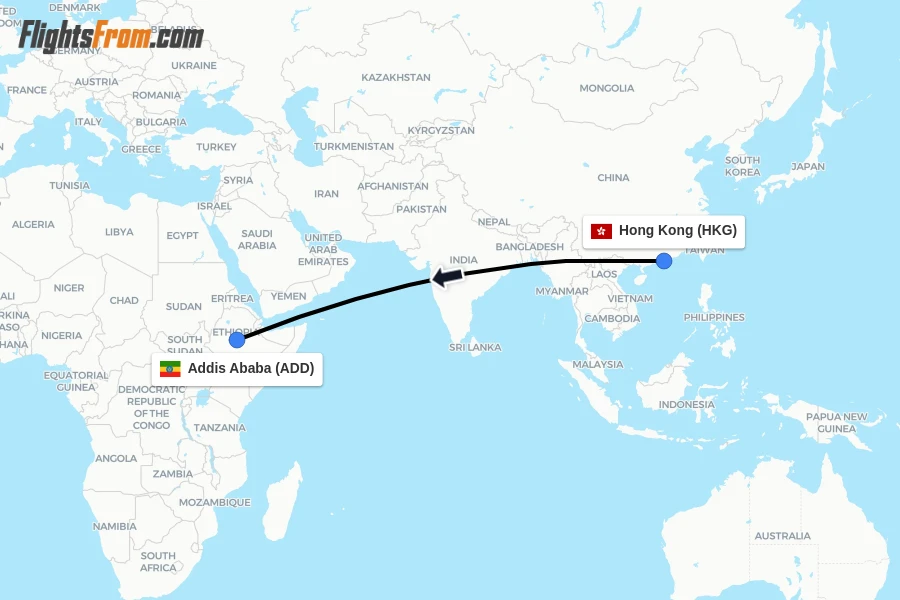 Flights from Hong Kong to Addis Ababa route map