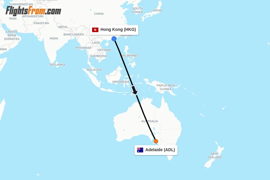Flights from Hong Kong to Adelaide route map