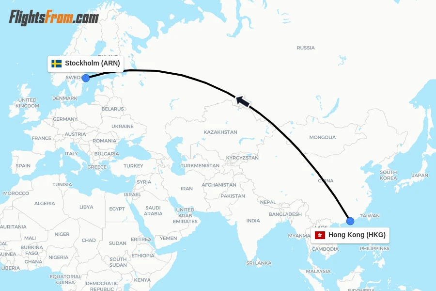 Flights from Hong Kong to Stockholm route map