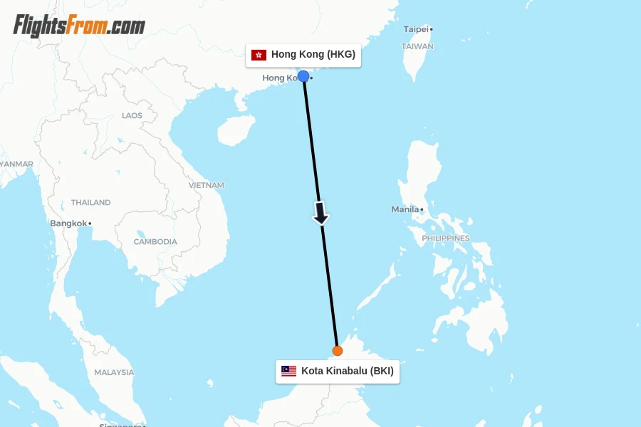 Flights from Hong Kong to Kota Kinabalu route map