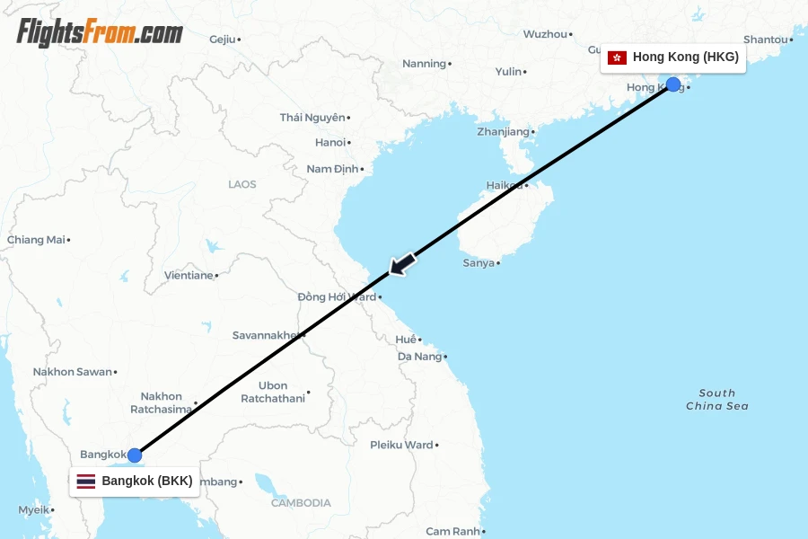 Flights from Hong Kong to Bangkok route map