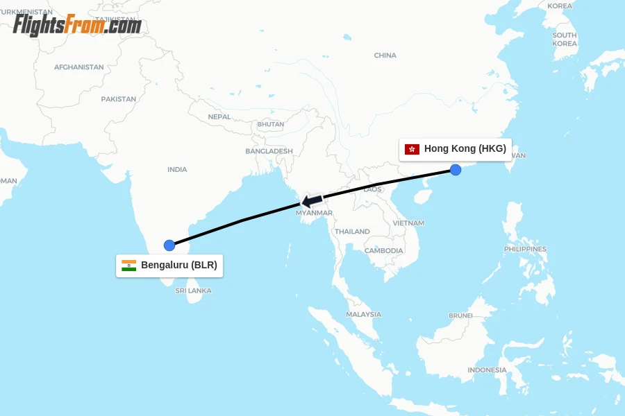 Flights from Hong Kong to Bengaluru route map