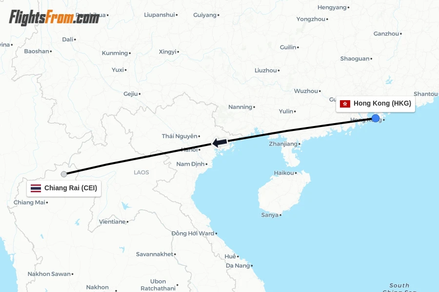 Flights from Hong Kong to Chiang Rai route map