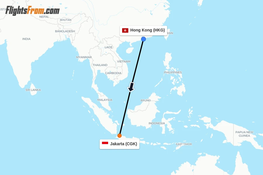 Flights from Hong Kong to Jakarta route map