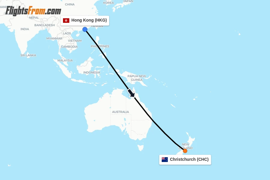 Flights from Hong Kong to Christchurch route map