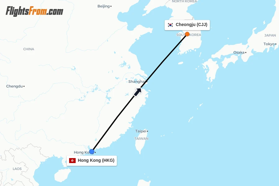 Flights from Hong Kong to Cheongju route map