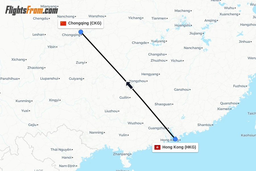 Flights from Hong Kong to Chongqing route map