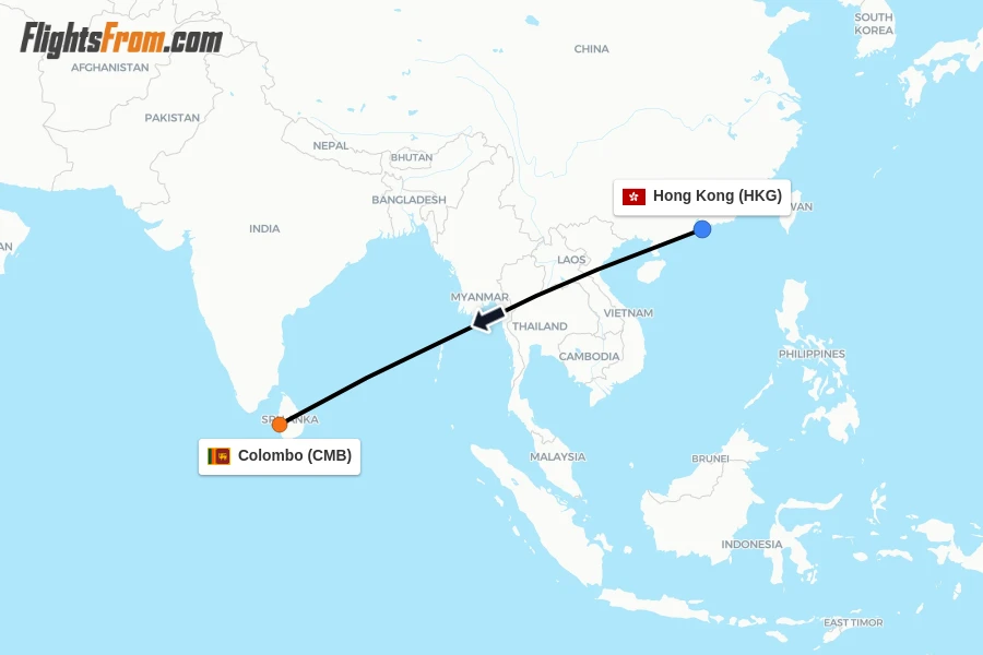 Flights from Hong Kong to Colombo route map