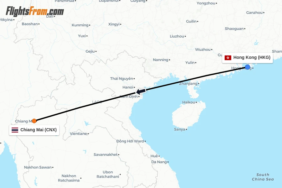 Flights from Hong Kong to Chiang Mai route map