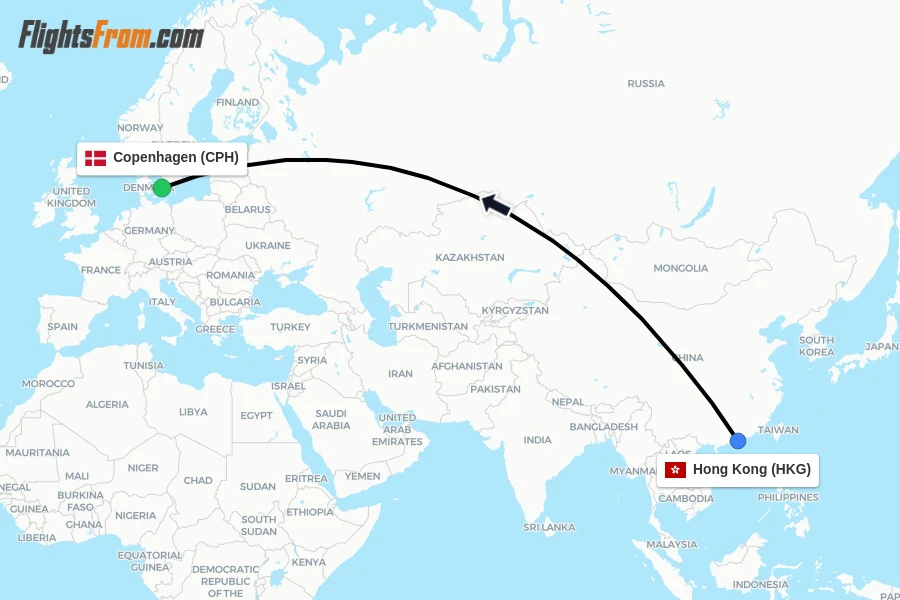 Flights from Hong Kong to Copenhagen route map