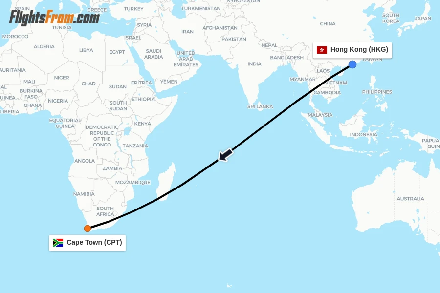 Flights from Hong Kong to Cape Town route map