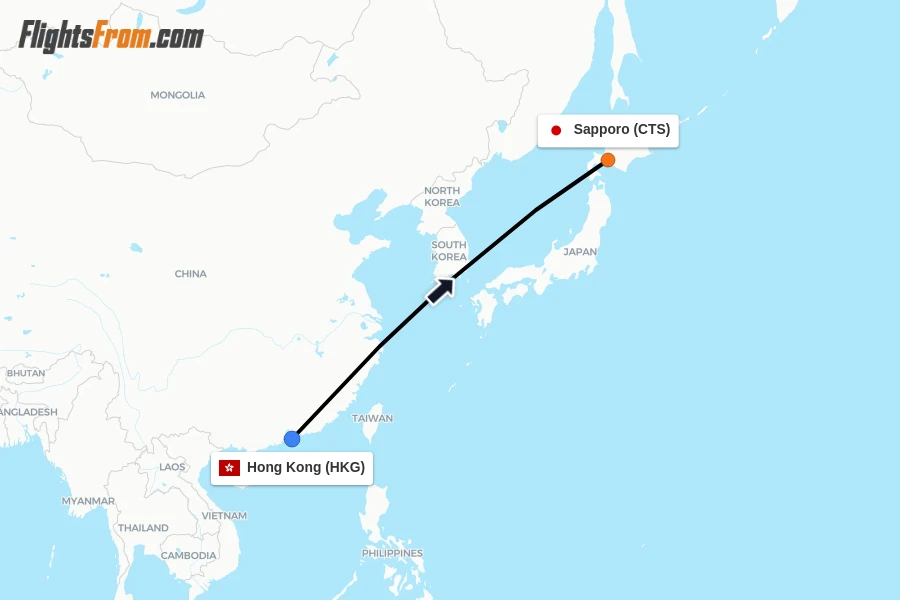 Flights from Hong Kong to Sapporo route map