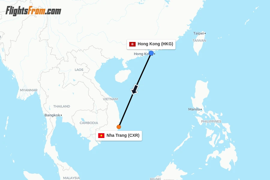 Flights from Hong Kong to Nha Trang route map