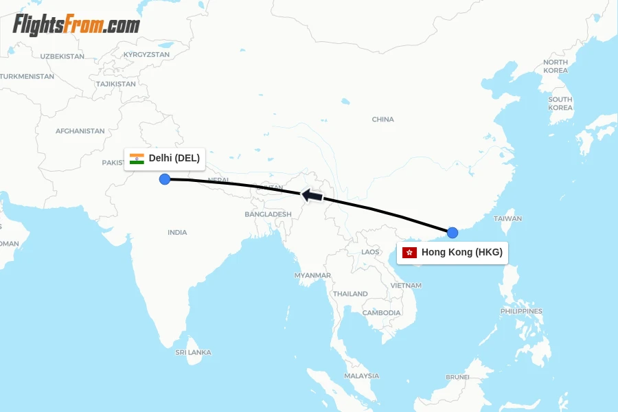 Flights from Hong Kong to Delhi route map