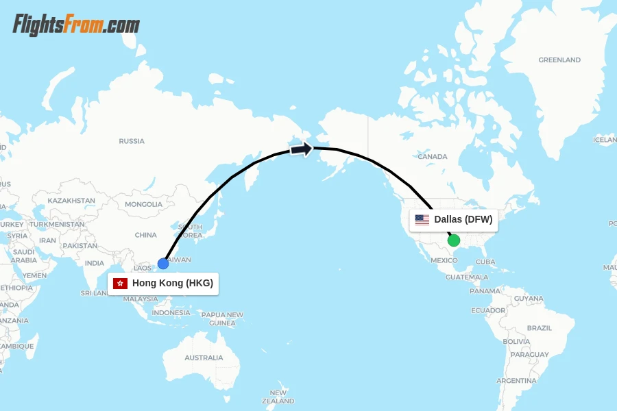 Flights from Hong Kong to Dallas route map