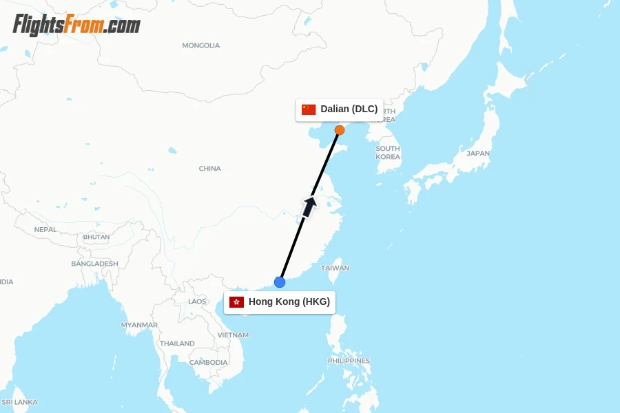 Flights from Hong Kong to Dalian route map