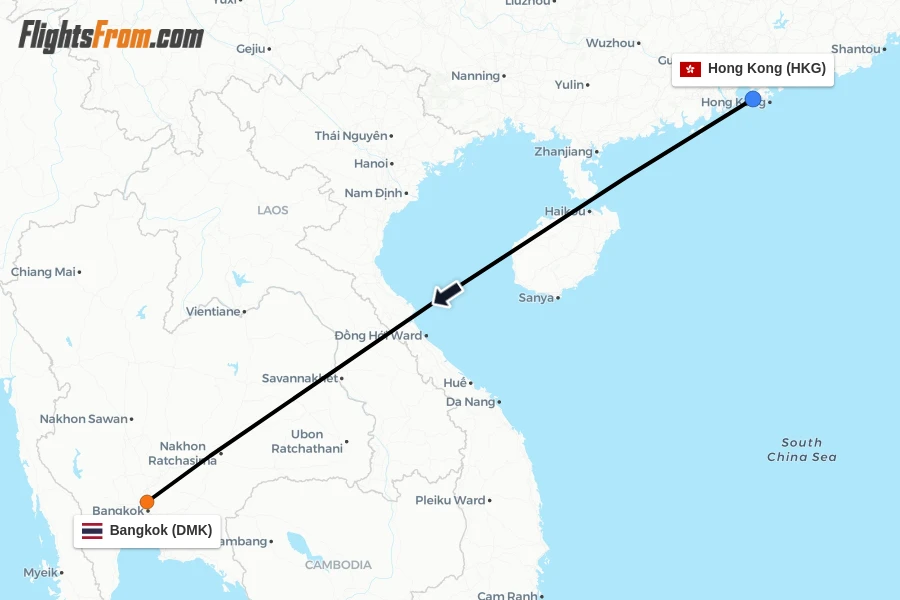 Flights from Hong Kong to Bangkok route map